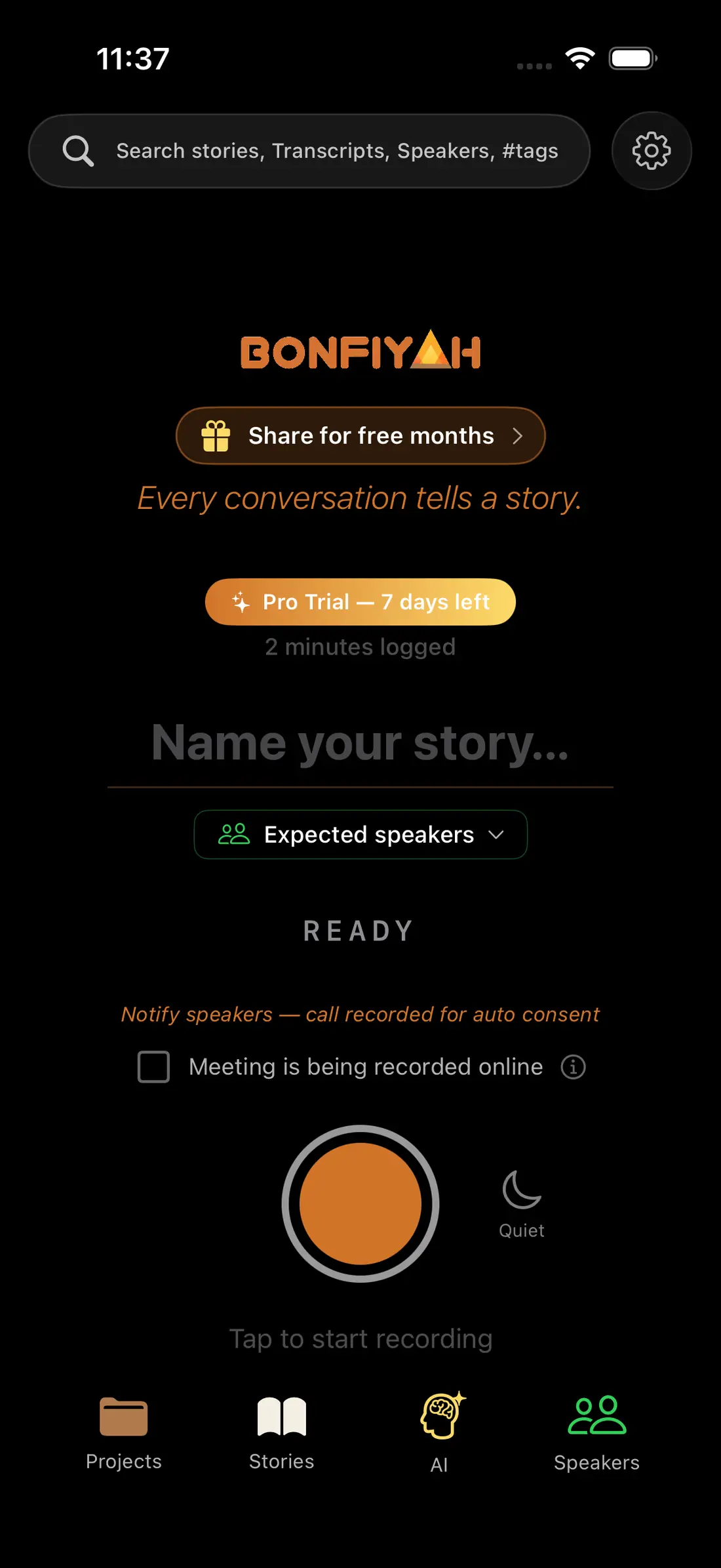 iPhone home with the new bottom nav: Projects, Stories, AI, Speakers.